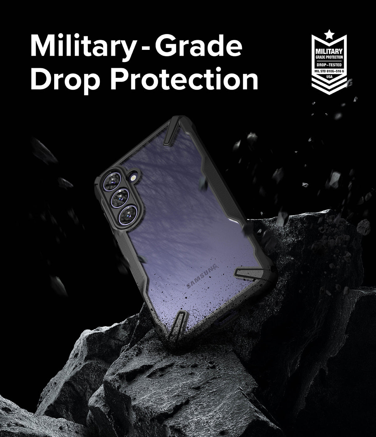 Galaxy S24 Case | Fusion-X - Samsung Galaxy S24 in a black Fusion-X case resting on a rock with military-grade drop protection text.