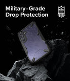Galaxy S24 Case | Fusion-X - Samsung Galaxy S24 in a black Fusion-X case resting on a rock with military-grade drop protection text.