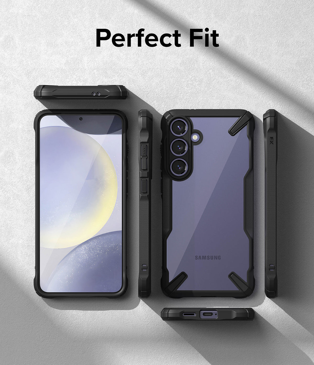 Galaxy S24 Case | Fusion-X - Black Fusion-X case shown from multiple angles around a Galaxy S24 phone on a textured surface.