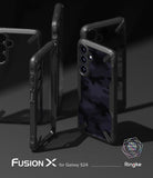 Galaxy S24 Case | Fusion-X - Multiple black Fusion-X cases for Galaxy S24 displayed on a dark surface with camo patterns.