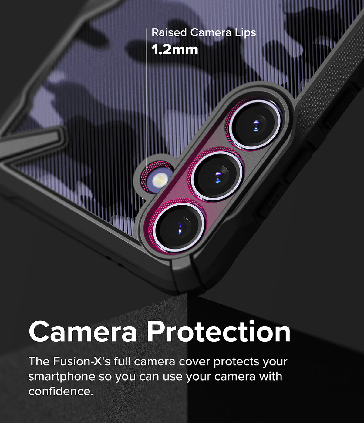 Galaxy S24 Case | Fusion-X - Close-up of phone case showing 1.2mm raised camera lips for lens protection against scratches.