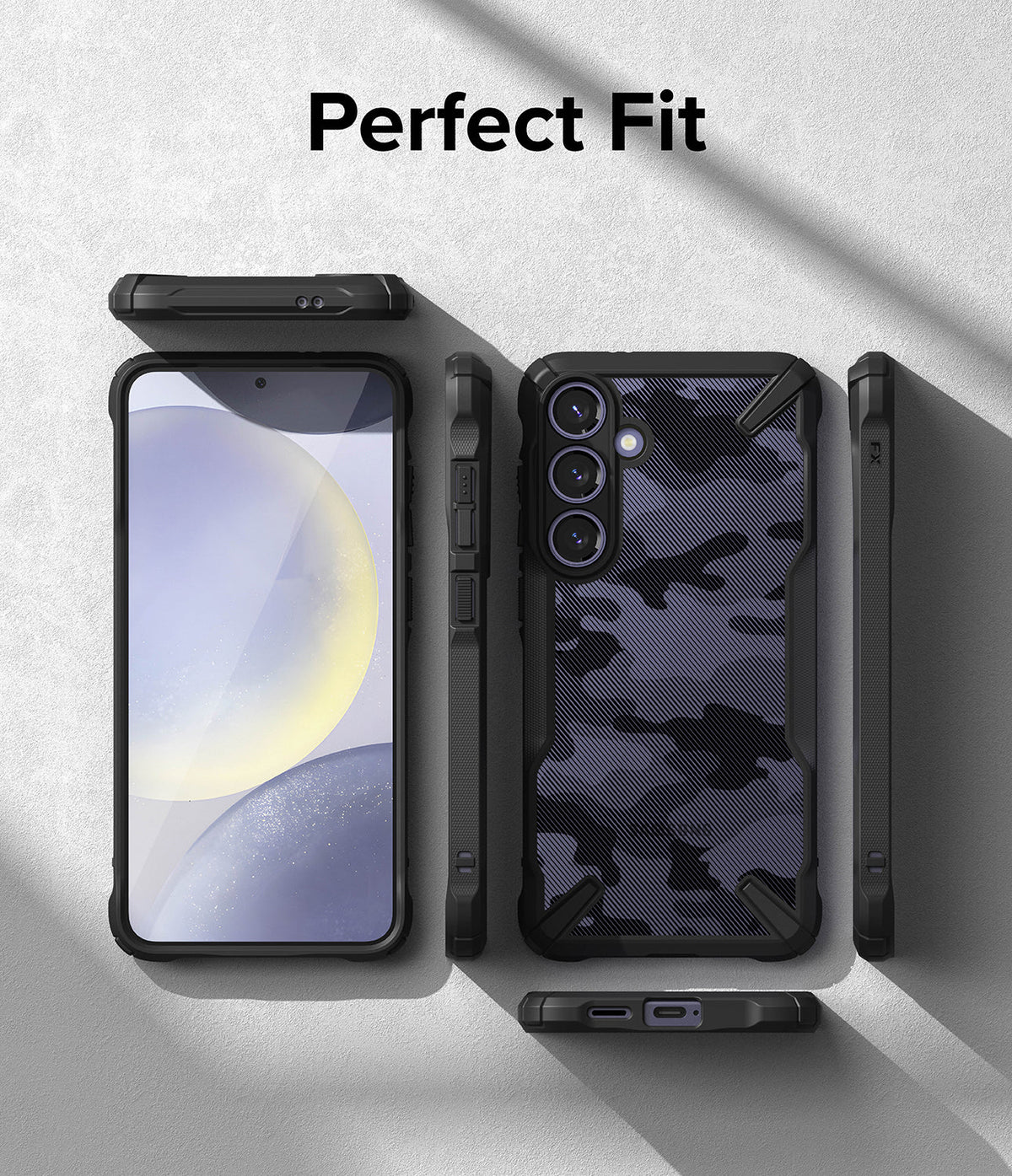 Galaxy S24 Case | Fusion-X - Front, back, and side views of a rugged black phone case with a camo pattern on a gray background.