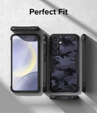 Galaxy S24 Case | Fusion-X - Front, back, and side views of a rugged black phone case with a camo pattern on a gray background.