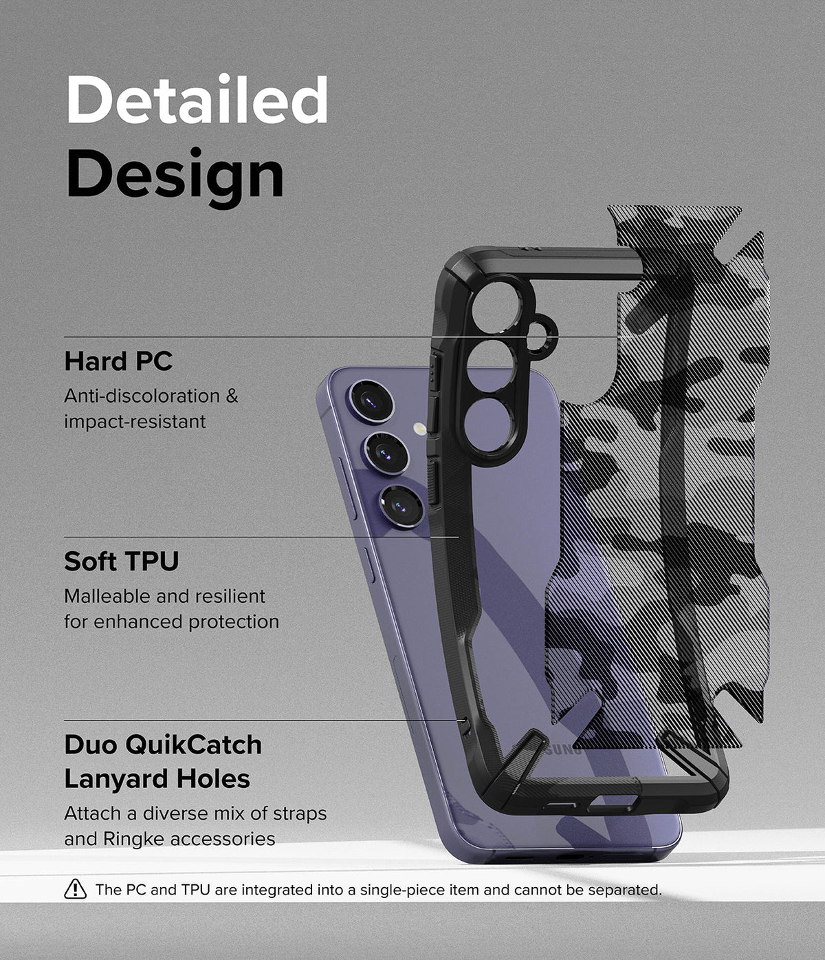 Galaxy S24 Case | Fusion-X - Exploded view of a camouflage phone case highlighting hard PC, soft TPU, and lanyard holes.