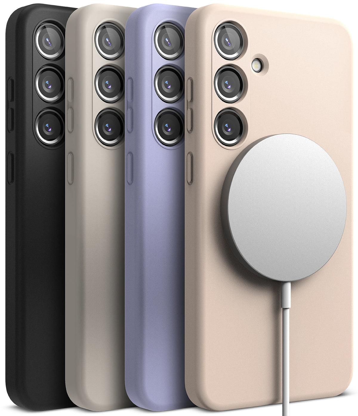 Galaxy S24 Case | Silicone Magnetic - Four Galaxy S24 silicone cases in black, gray, purple, and beige with a magnetic charger.