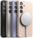 Galaxy S24 Case | Silicone Magnetic - Four Galaxy S24 silicone cases in black, gray, purple, and beige with a magnetic charger.