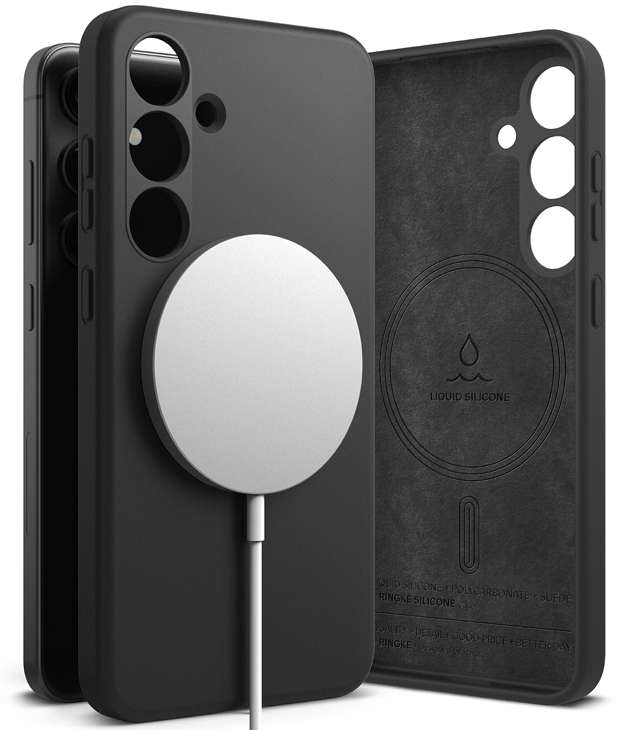 Galaxy S24 Case | Silicone Magnetic - Matte black magnetic phone case with a white charger and interior suede lining.