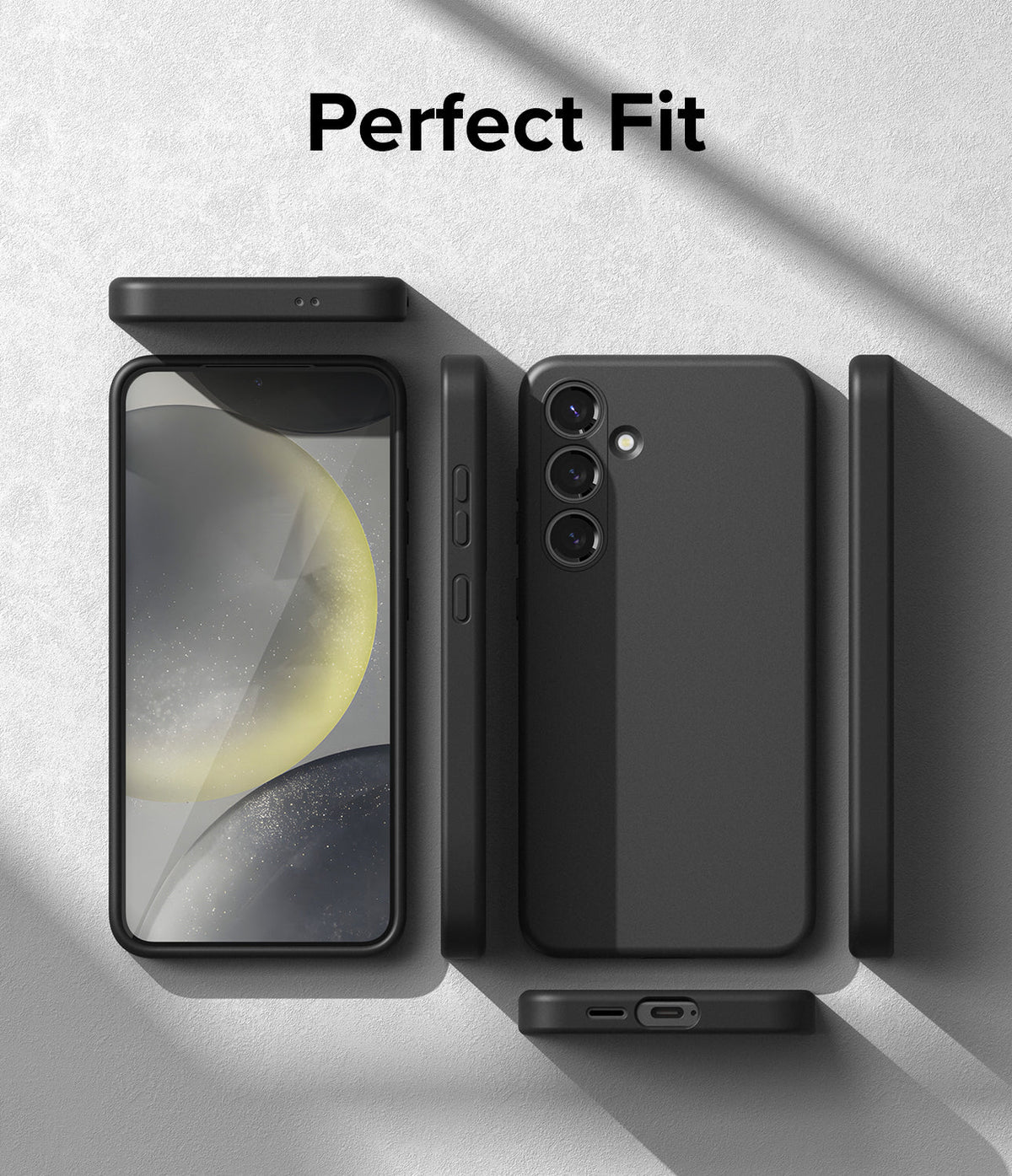 Galaxy S24 Case | Silicone Magnetic - Black phone case shown from front, back, and side angles on a textured surface.