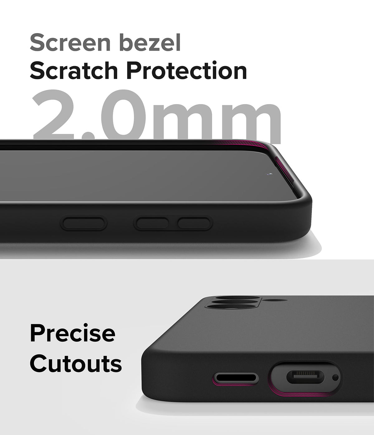 Galaxy S24 Case | Silicone Magnetic - Close-up of phone case showing 2.0mm screen bezel protection and precise port cutouts.