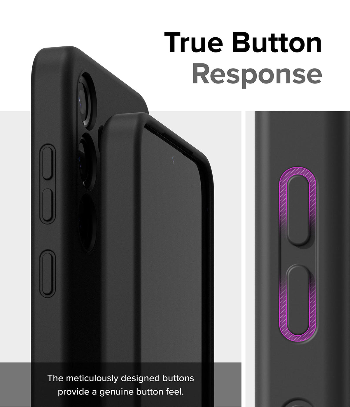 Galaxy S24 Case | Silicone Magnetic - Close-up of black phone case buttons with purple highlights showing tactile response.