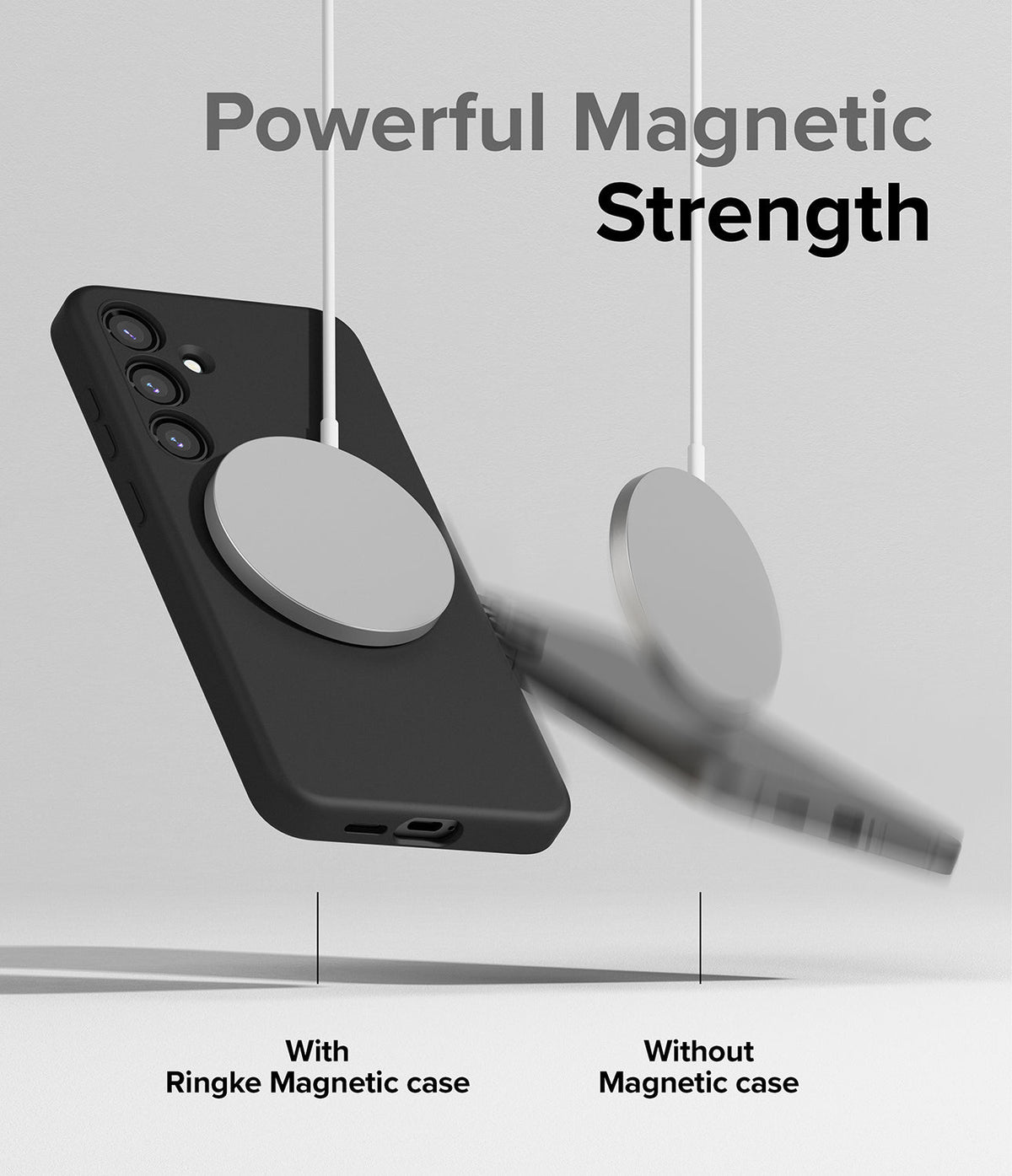 Galaxy S24 Case | Silicone Magnetic - A phone with a magnetic case stays attached to a charger while another falls.