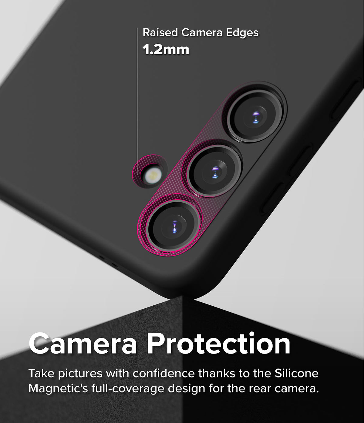 Galaxy S24 Case | Silicone Magnetic - Close-up of black phone case showing 1.2mm raised edges around the camera lenses.