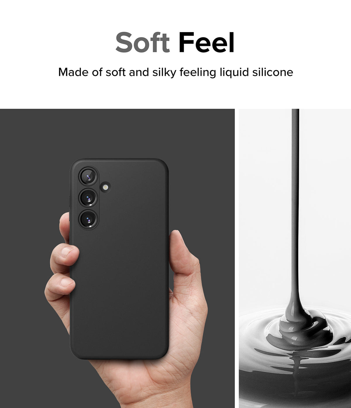 Galaxy S24 Case | Silicone Magnetic - Hand holding a black silicone phone case next to a stream of liquid silicone.
