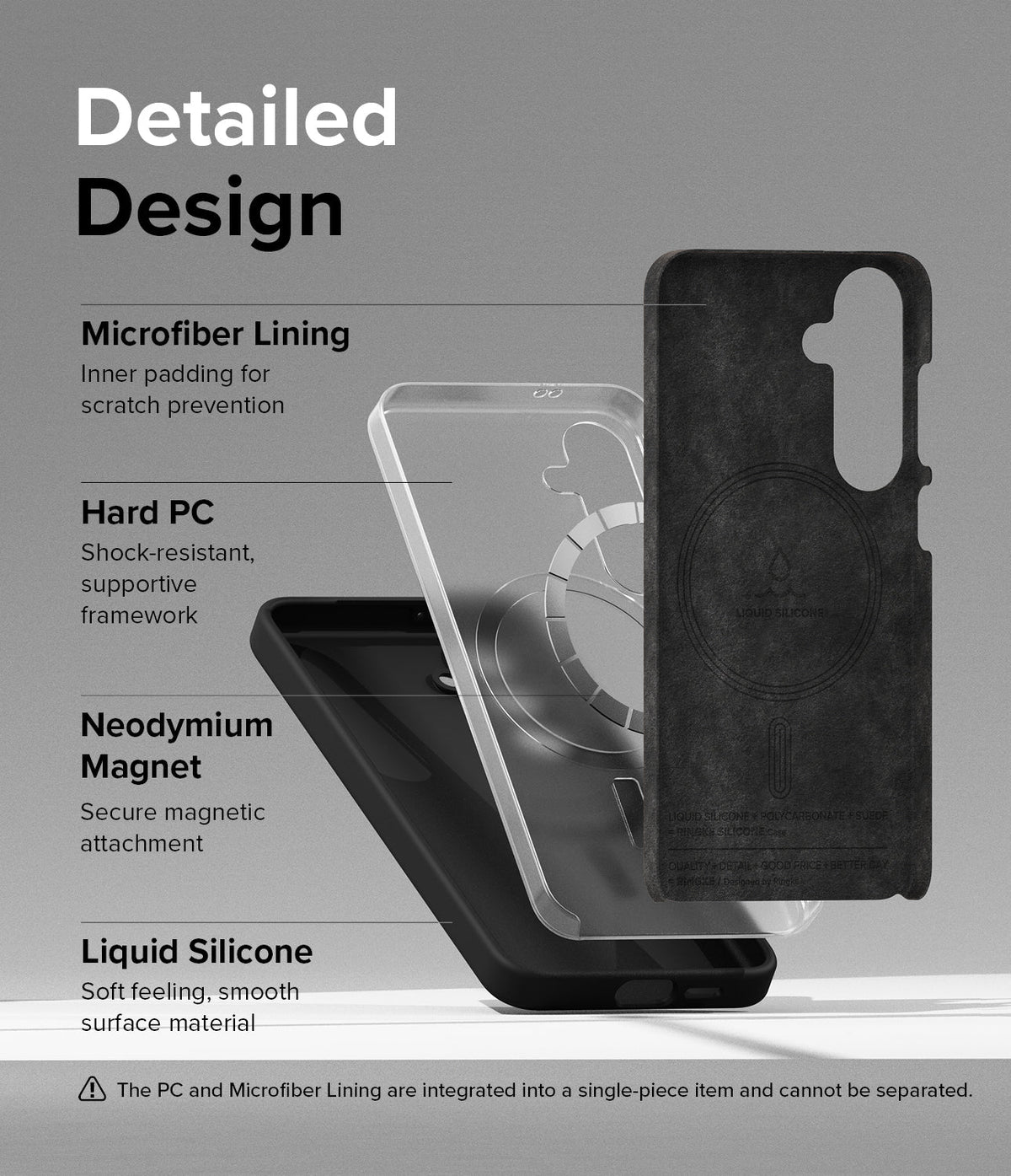 Galaxy S24 Case | Silicone Magnetic - Exploded view showing microfiber lining, hard PC frame, magnet, and silicone layers.