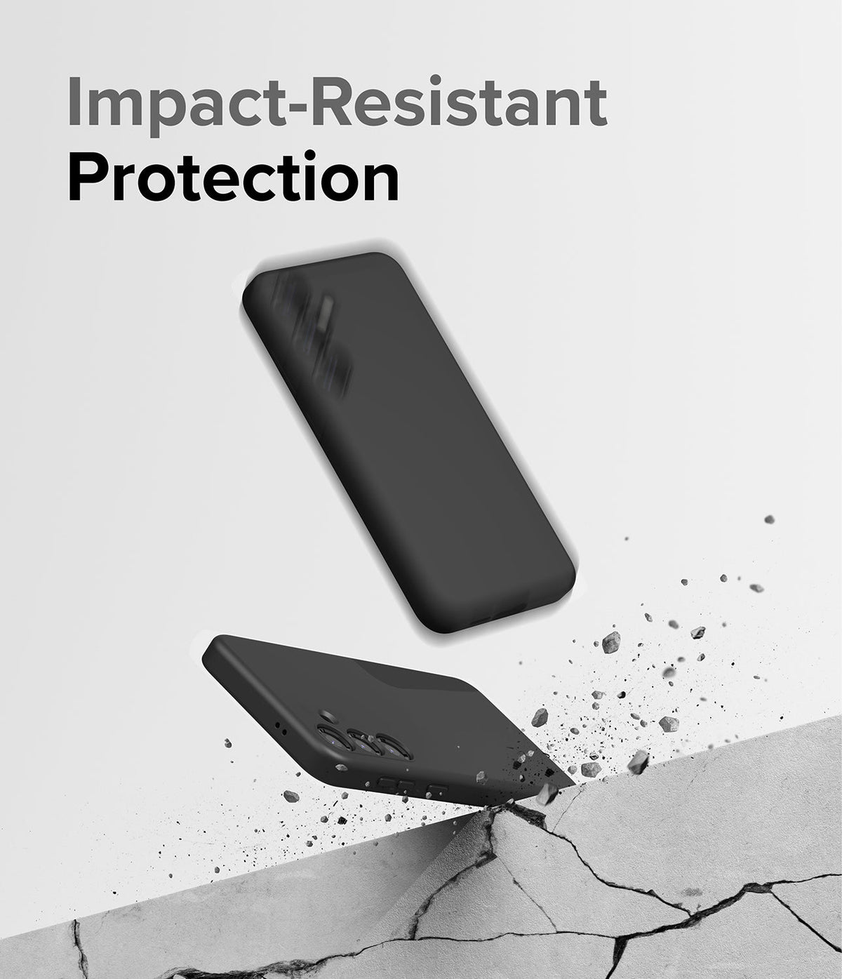 Galaxy S24 Case | Silicone Magnetic - Two black phone cases floating above a cracked concrete surface with debris.