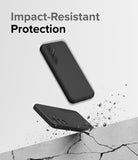 Galaxy S24 Case | Silicone Magnetic - Two black phone cases floating above a cracked concrete surface with debris.
