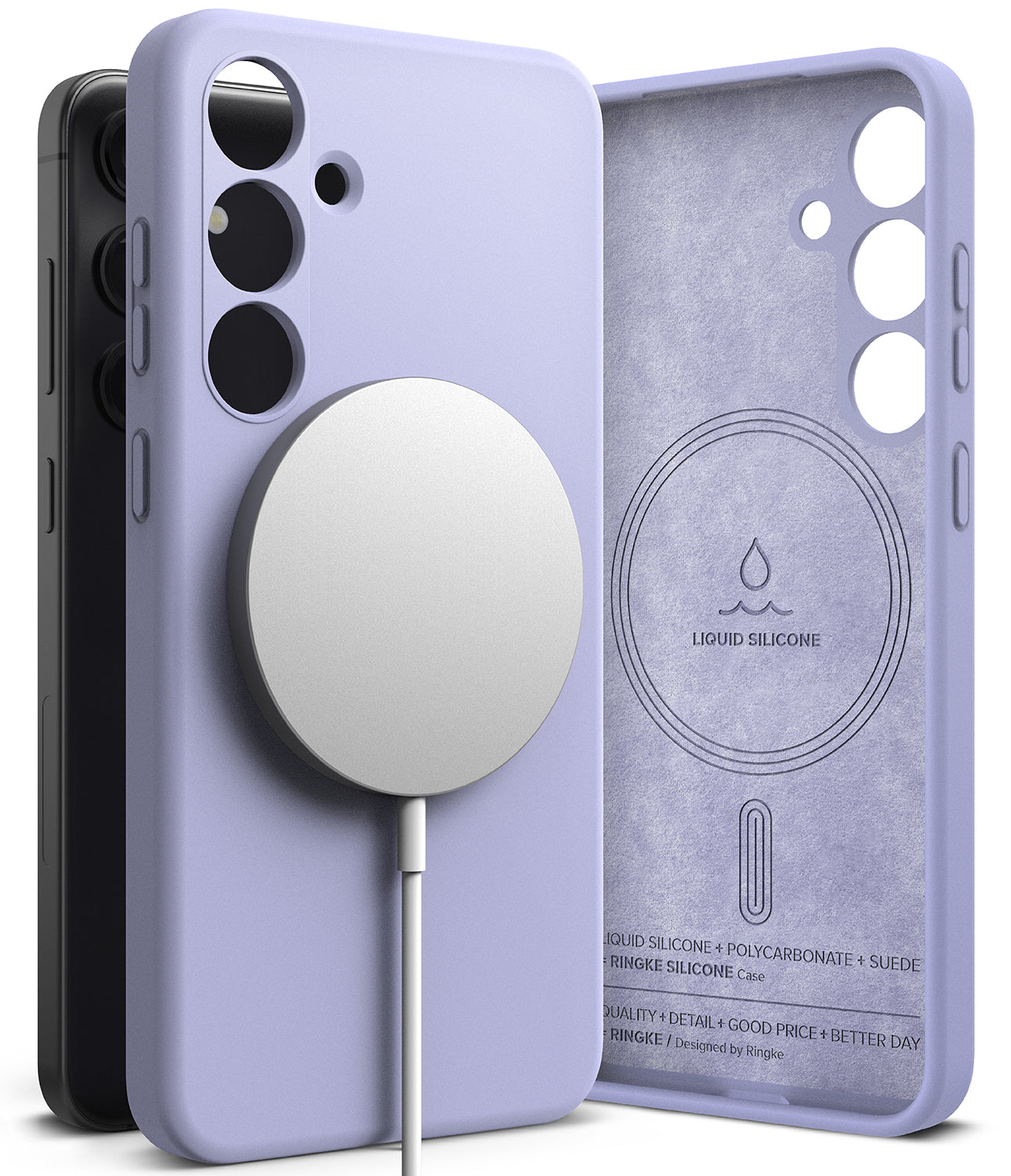 Galaxy S24 Case | Silicone Magnetic - Lavender silicone case for Galaxy S24 with magnetic charger and suede interior.