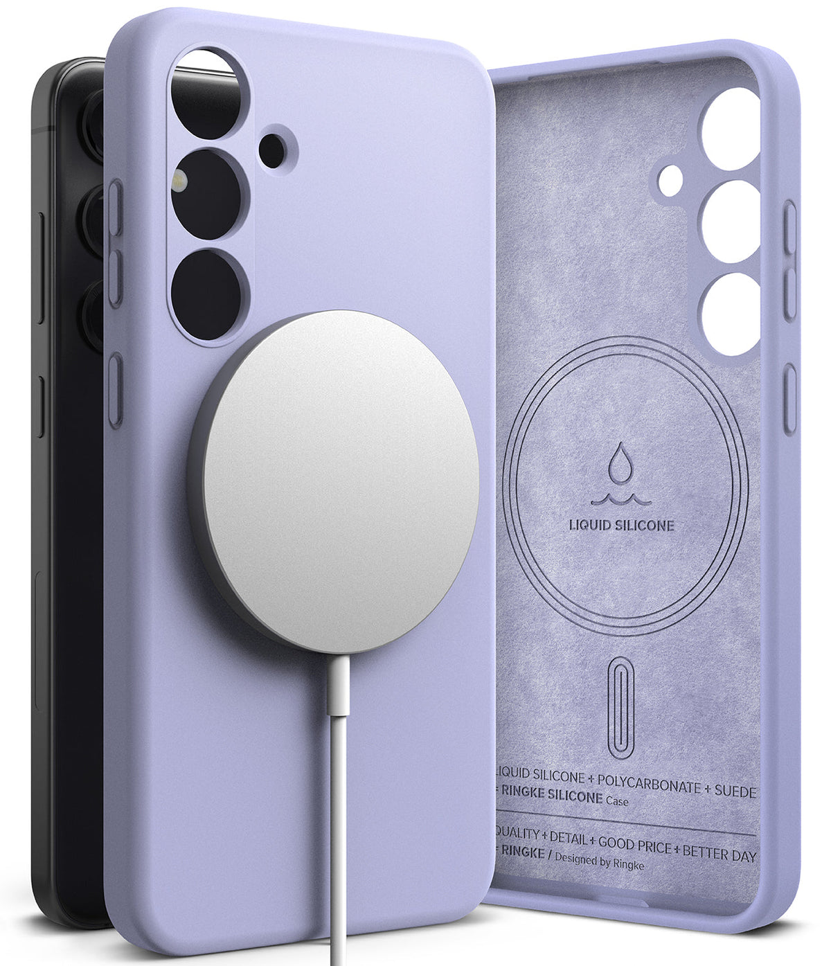 Galaxy S24 Case | Silicone Magnetic - Lavender silicone case for Galaxy S24 with magnetic charger and suede interior.