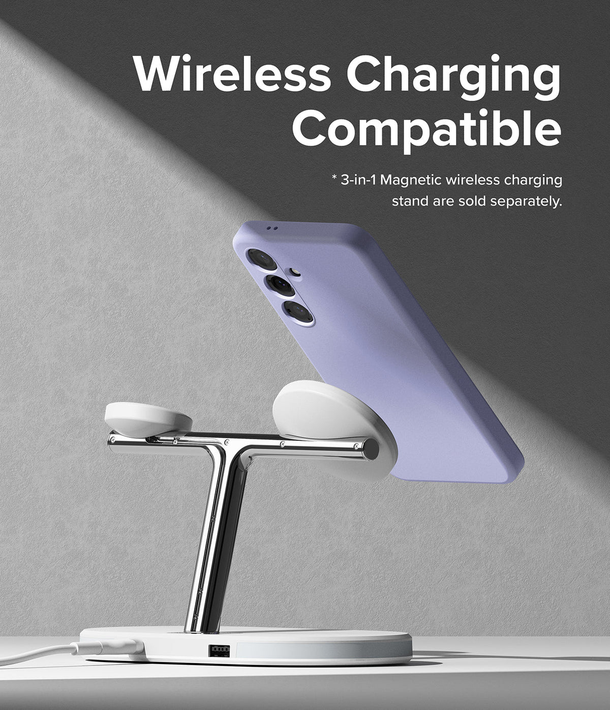 Galaxy S24 Case | Silicone Magnetic - Lavender phone case magnetically attached to a 3-in-1 wireless charging stand.