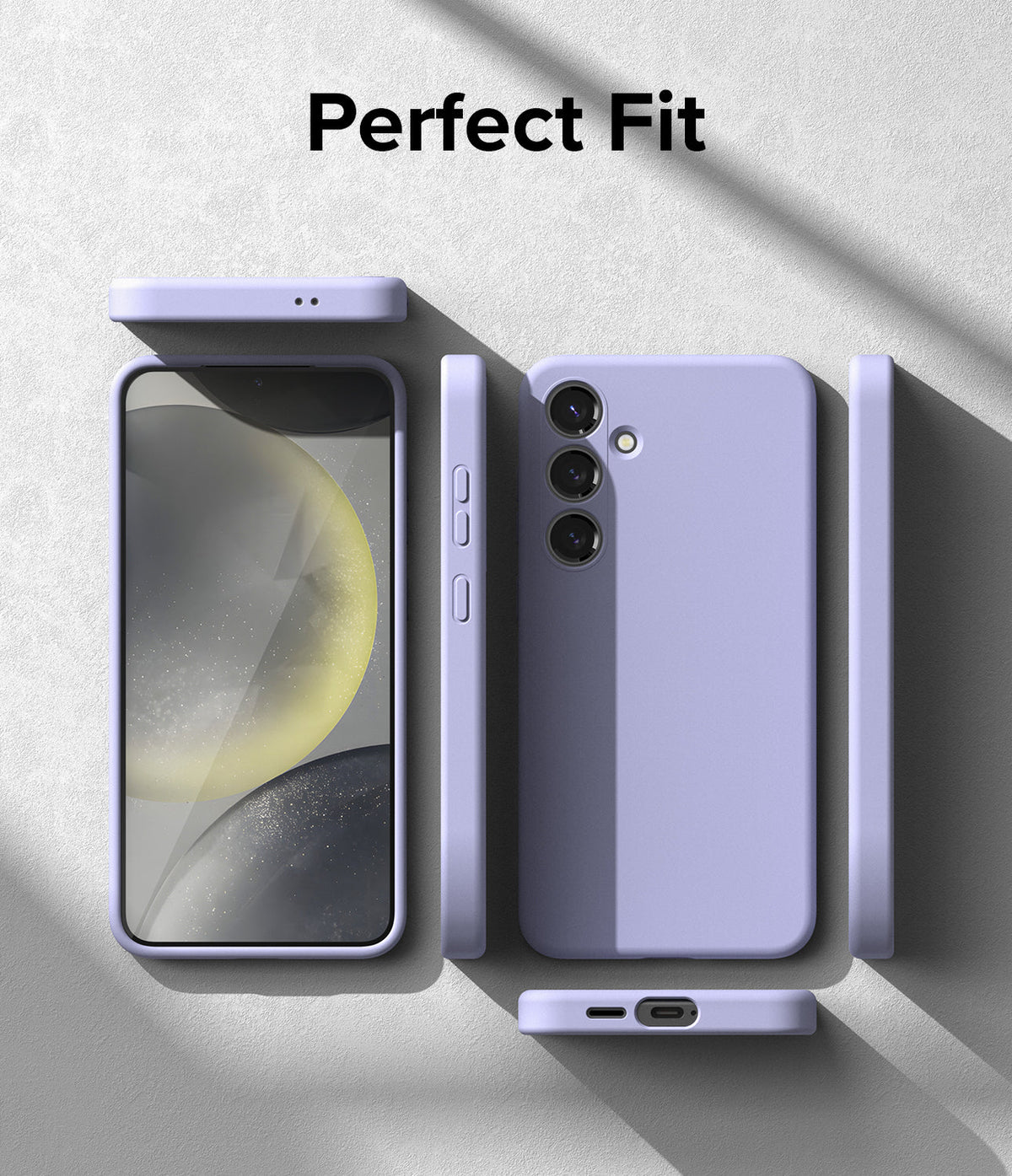 Galaxy S24 Case | Silicone Magnetic - Lavender phone case shown from multiple angles with a phone inside and text Perfect Fit.