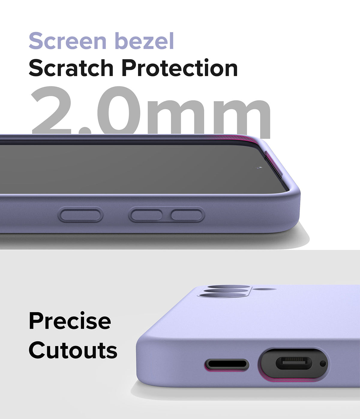 Galaxy S24 Case | Silicone Magnetic - Lavender case showing 2.0mm screen bezel protection and precise port cutouts.