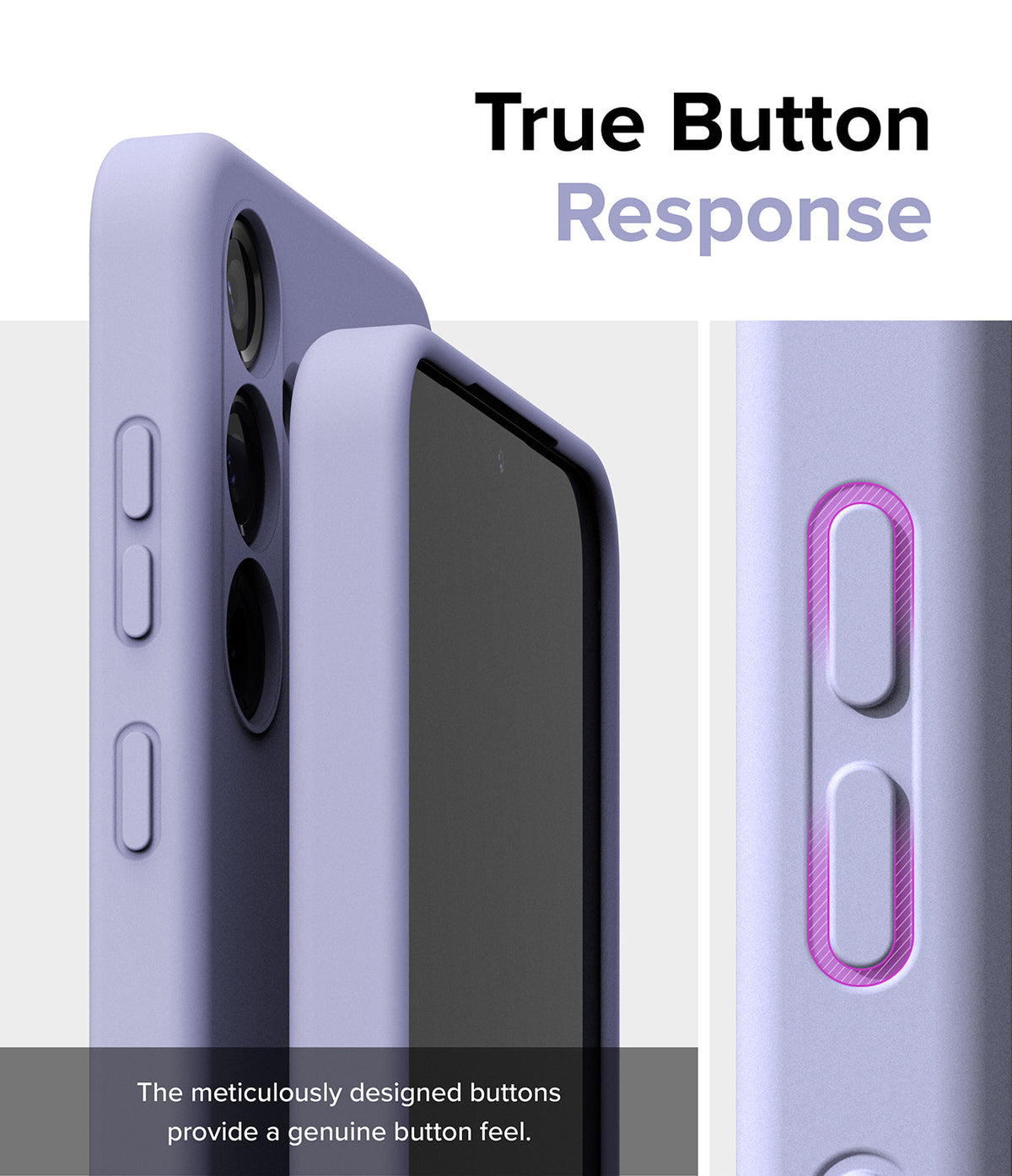 Galaxy S24 Case | Silicone Magnetic - Close-up of lavender phone case buttons highlighting responsive tactile design.