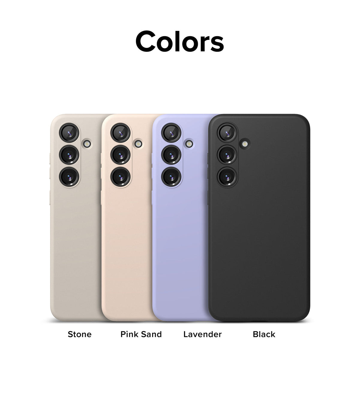 Galaxy S24 Case | Silicone Magnetic - Four Galaxy S24 silicone cases in stone, pink sand, lavender, and black arranged in a row.