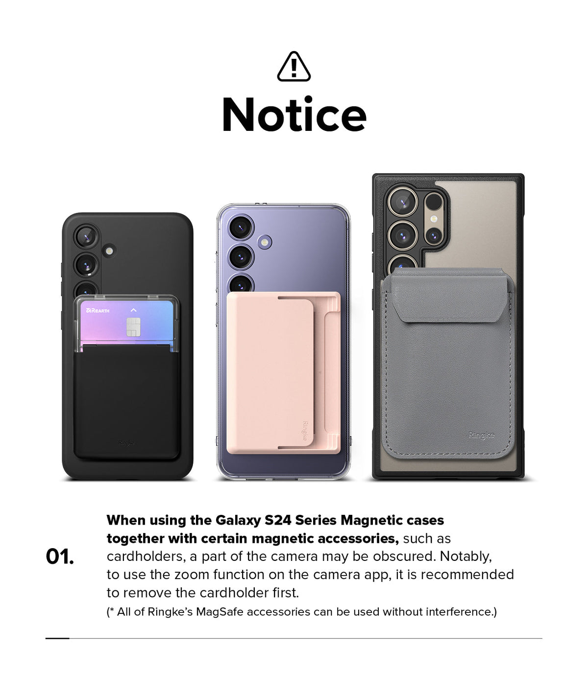 Galaxy S24 Case | Silicone Magnetic - Three smartphones with magnetic cardholders attached, showing potential camera overlap.