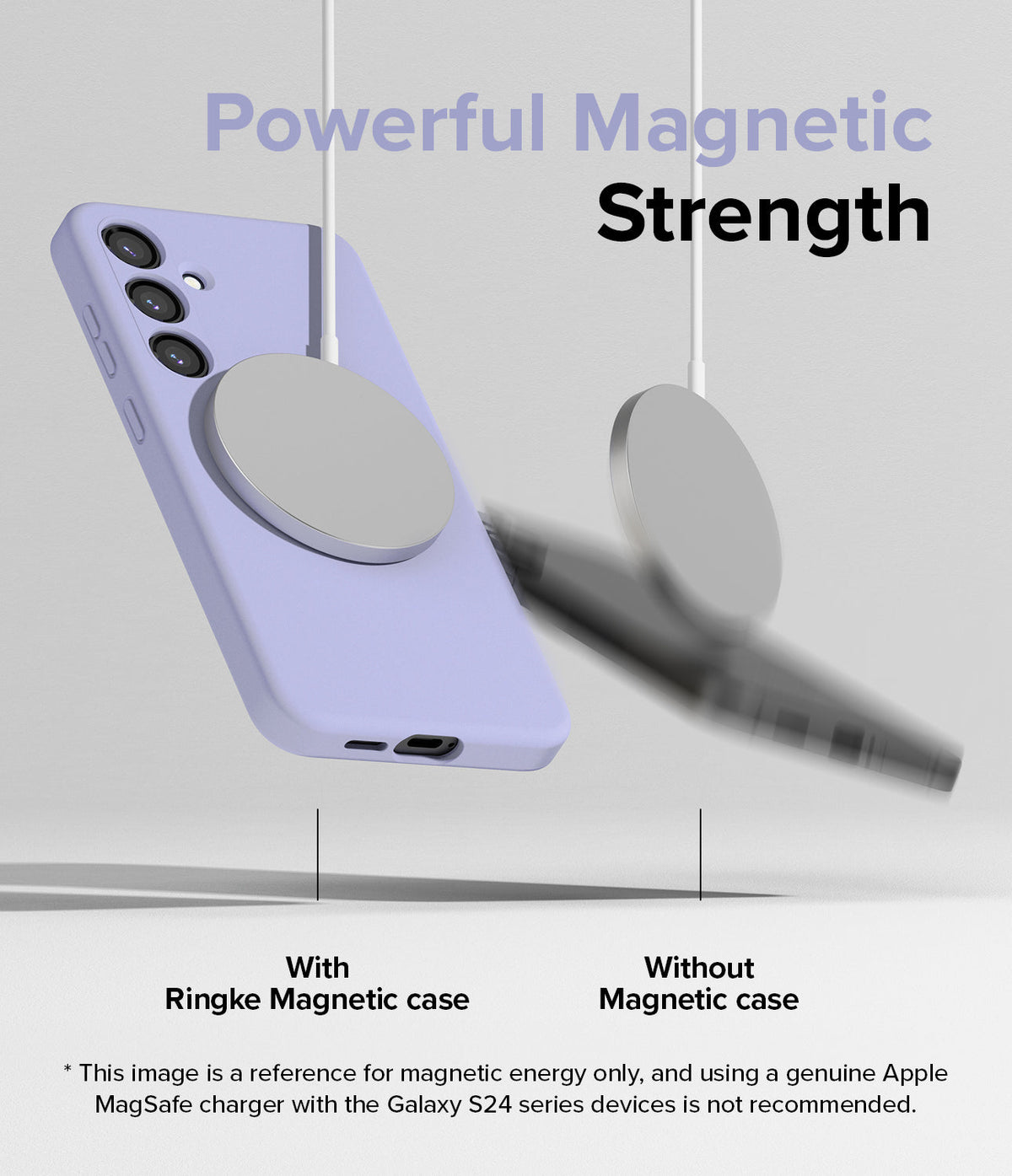 Galaxy S24 Case | Silicone Magnetic - A lavender phone case securely attached to a magnetic charger versus a falling phone.