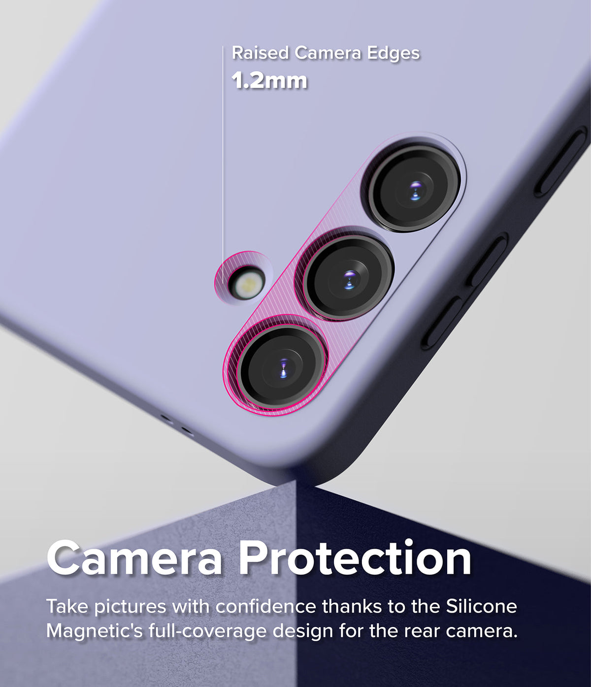 Galaxy S24 Case | Silicone Magnetic - Lavender phone case highlighting 1.2mm raised edges for camera lens protection.