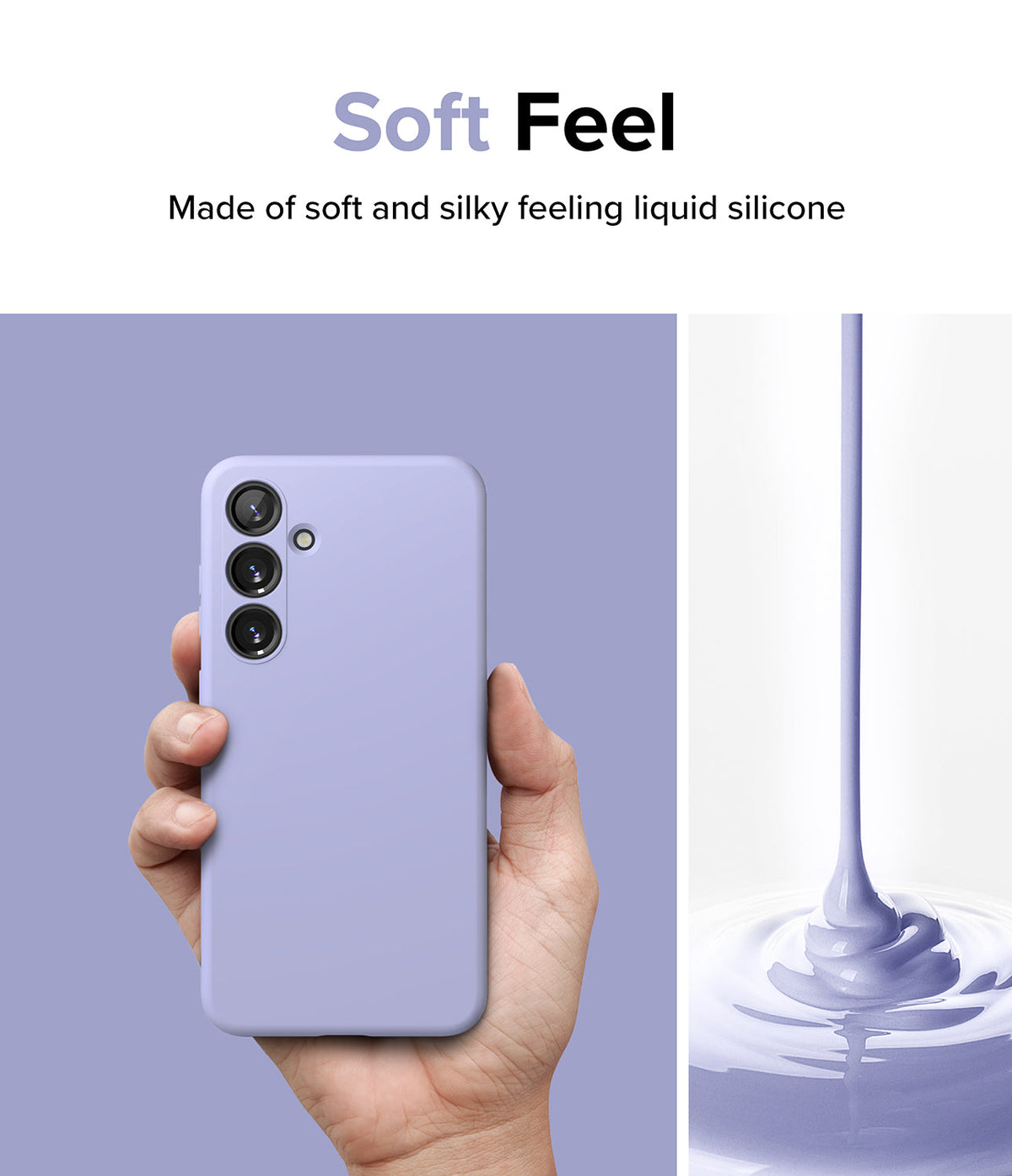 Galaxy S24 Case | Silicone Magnetic - Hand holding a lavender silicone phone case next to pouring liquid silicone.