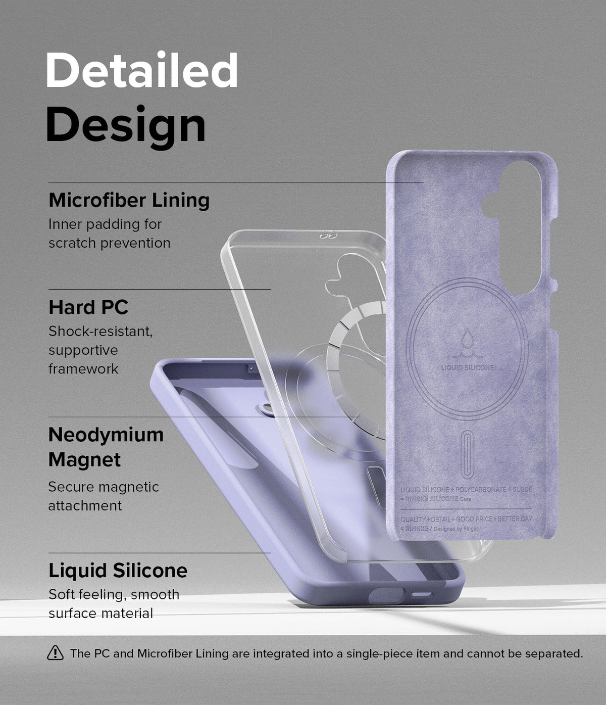 Galaxy S24 Case | Silicone Magnetic - Exploded view showing microfiber lining, hard PC frame, magnets, and silicone shell.