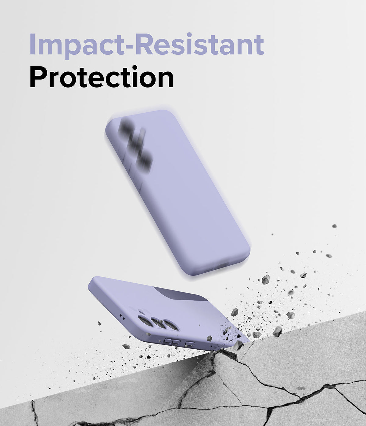 Galaxy S24 Case | Silicone Magnetic - Two lavender phone cases floating above a concrete surface shattering into debris.