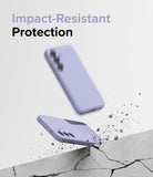 Galaxy S24 Case | Silicone Magnetic - Two lavender phone cases floating above a concrete surface shattering into debris.