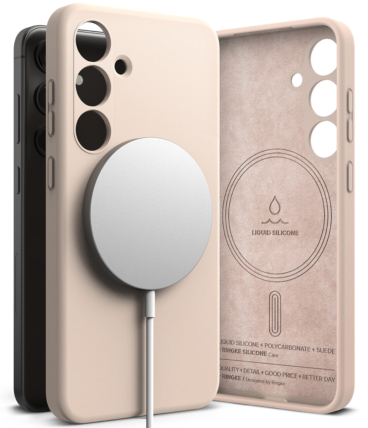 Galaxy S24 Case | Silicone Magnetic - Beige silicone phone case with magnetic charger and interior suede lining.