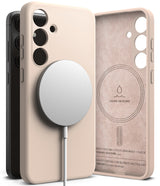 Galaxy S24 Case | Silicone Magnetic - Beige silicone phone case with magnetic charger and interior suede lining.