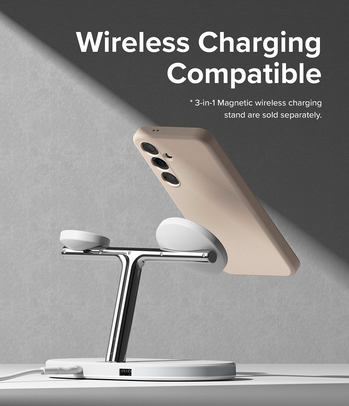 Galaxy S24 Case | Silicone Magnetic - Beige phone case magnetically attached to a chrome 3-in-1 wireless charging stand.