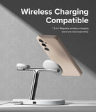 Galaxy S24 Case | Silicone Magnetic - Beige phone case magnetically attached to a chrome 3-in-1 wireless charging stand.