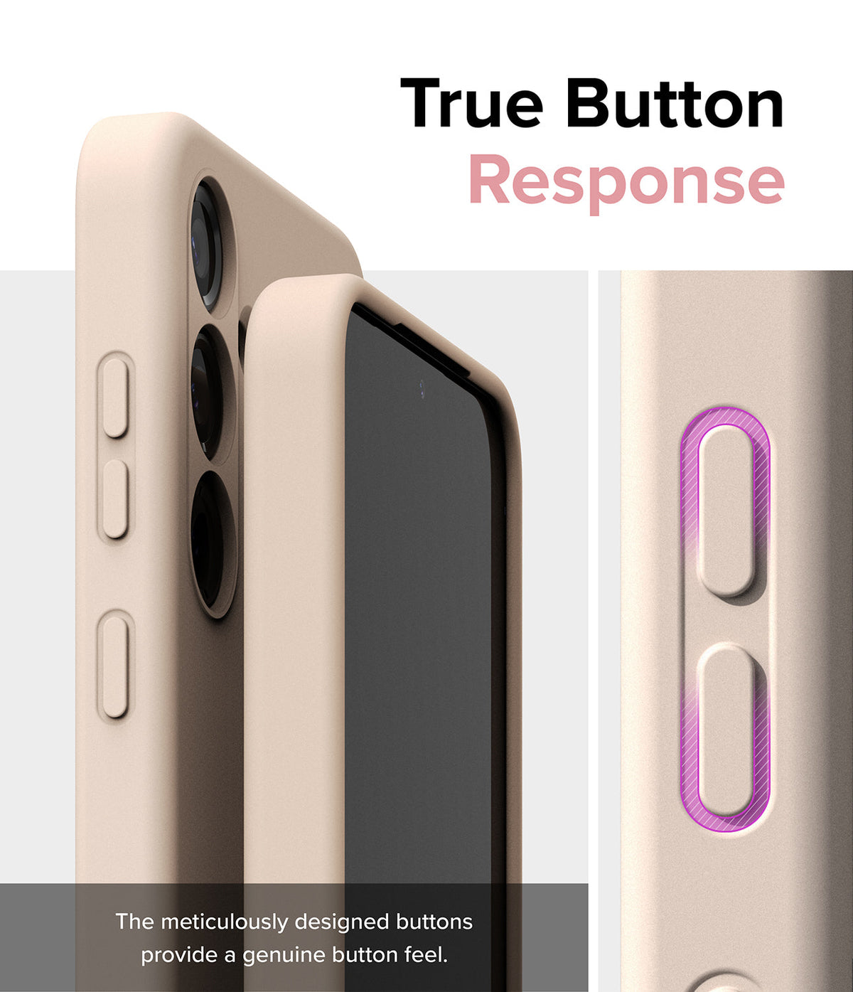Galaxy S24 Case | Silicone Magnetic - Beige phone case showing tactile, responsive button design with purple highlights.
