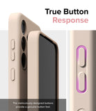 Galaxy S24 Case | Silicone Magnetic - Beige phone case showing tactile, responsive button design with purple highlights.
