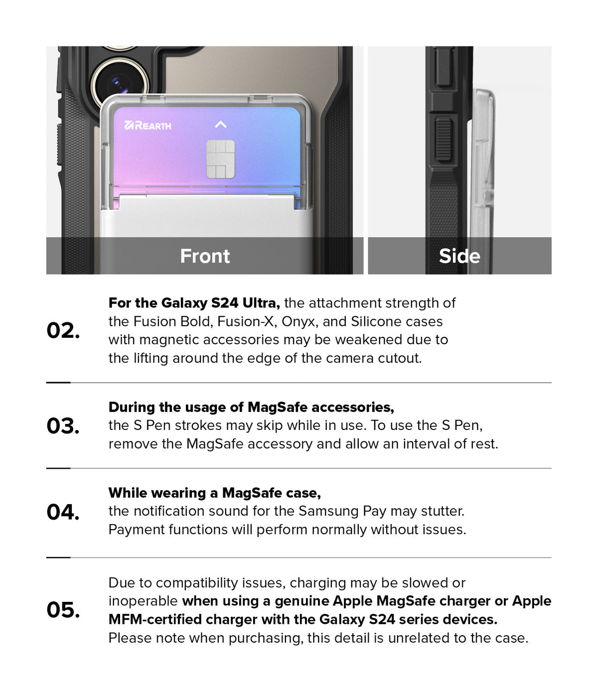 Galaxy S24 Case | Silicone Magnetic - Infographic listing four compatibility warnings for magnetic accessories on Galaxy S24.