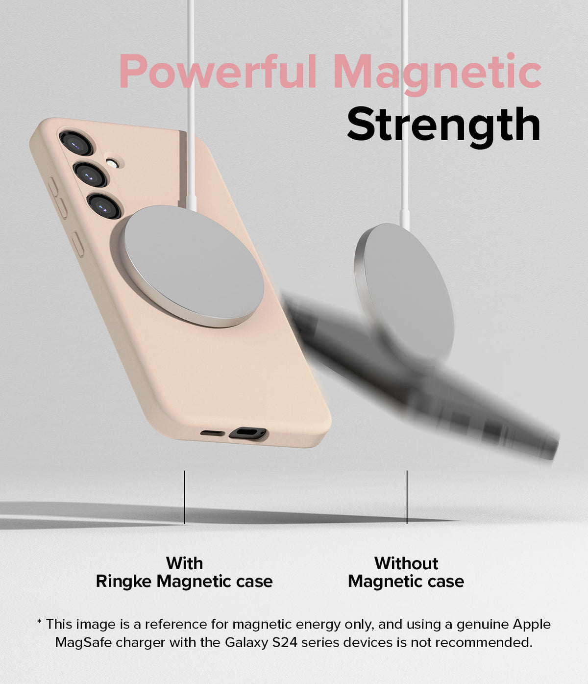 Galaxy S24 Case | Silicone Magnetic - A beige phone case securely attached to a magnetic charger versus a phone falling off.