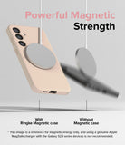 Galaxy S24 Case | Silicone Magnetic - A beige phone case securely attached to a magnetic charger versus a phone falling off.