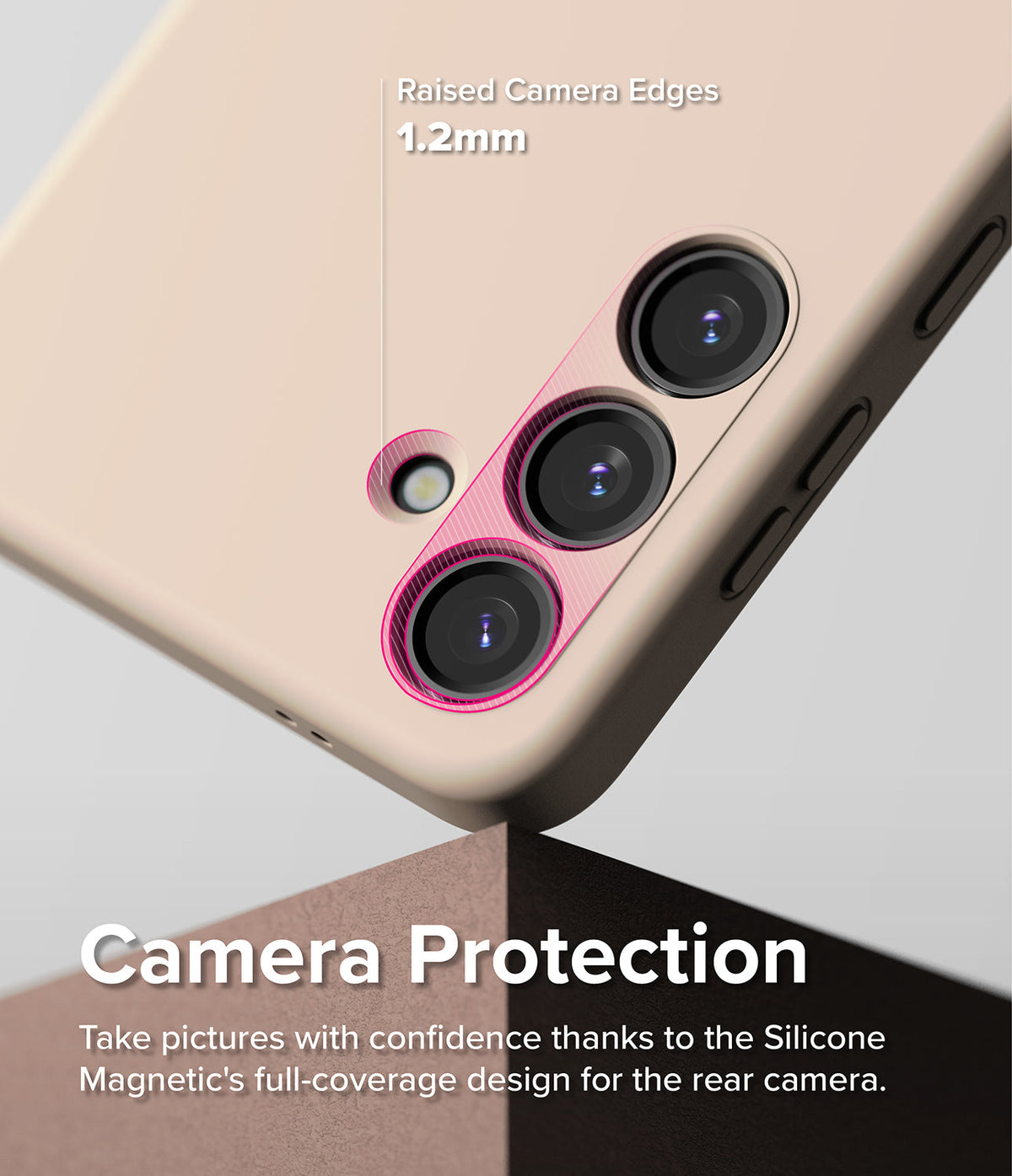 Galaxy S24 Case | Silicone Magnetic - Beige phone case highlighting 1.2mm raised camera edges for lens protection.