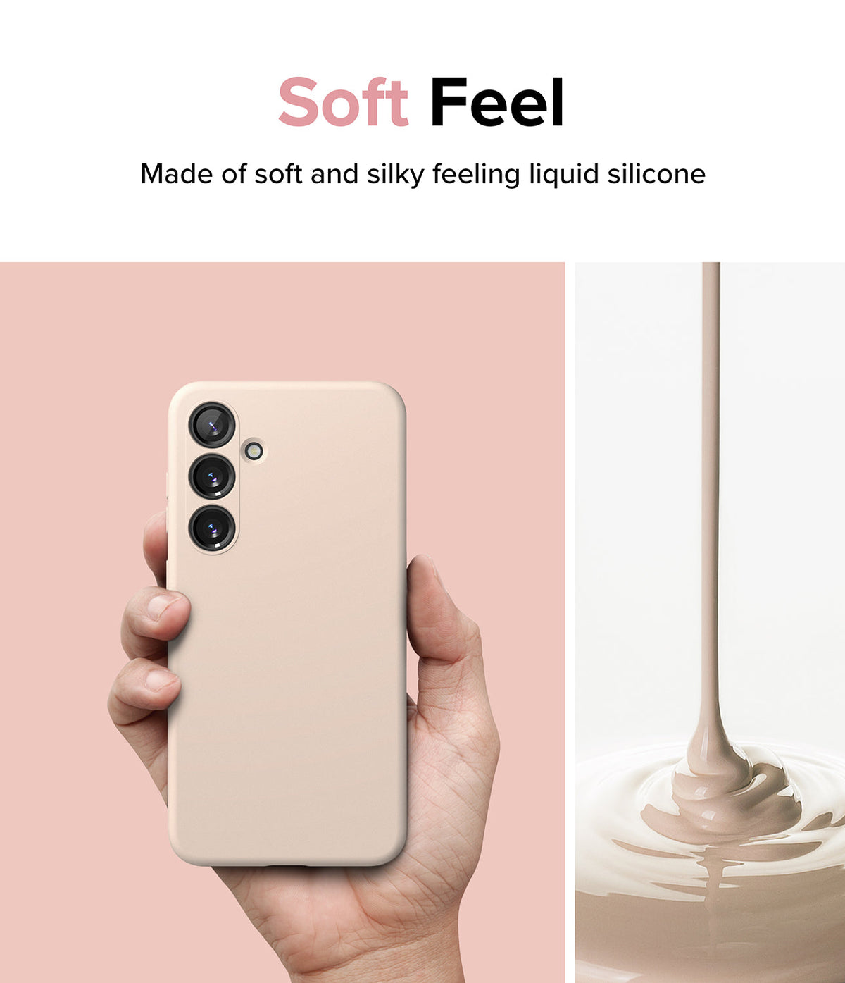 Galaxy S24 Case | Silicone Magnetic - Hand holding a beige silicone phone case next to liquid silicone pouring.