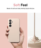 Galaxy S24 Case | Silicone Magnetic - Hand holding a beige silicone phone case next to liquid silicone pouring.