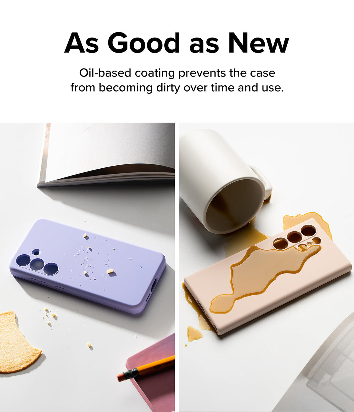 Galaxy S24 Case | Silicone Magnetic - Split view showing a purple case with crumbs and a beige case resisting a coffee spill.