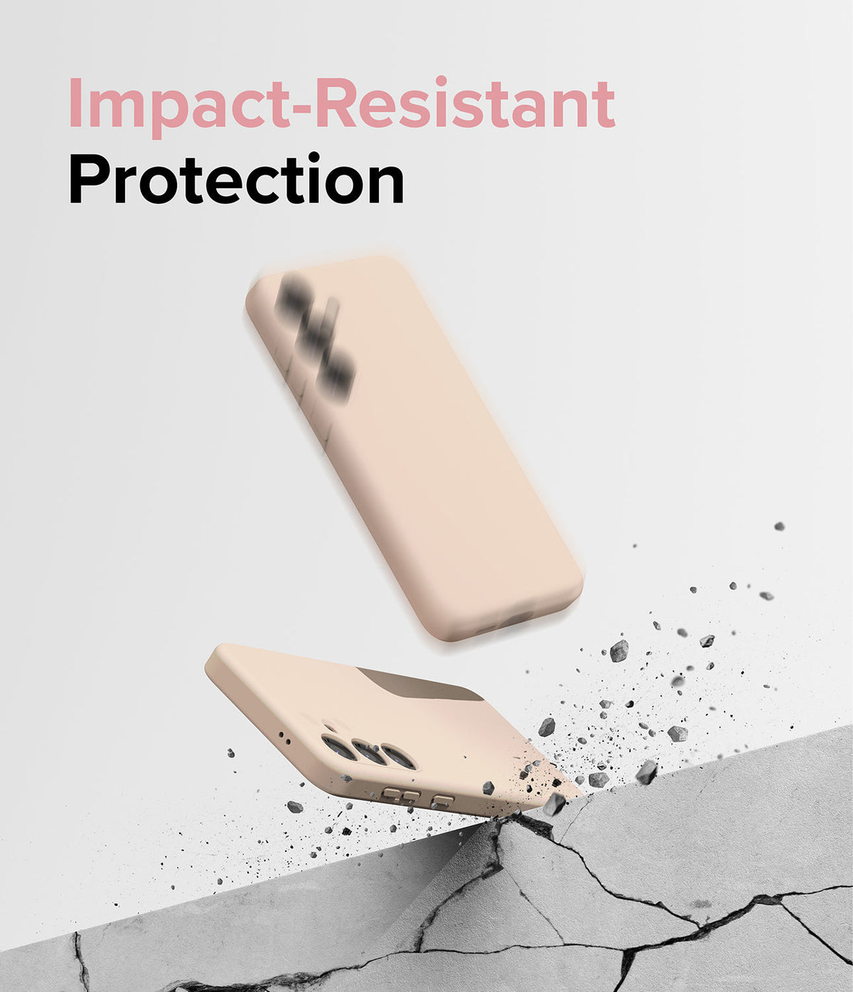 Galaxy S24 Case | Silicone Magnetic - Two beige phone cases floating above a cracked concrete surface with debris.