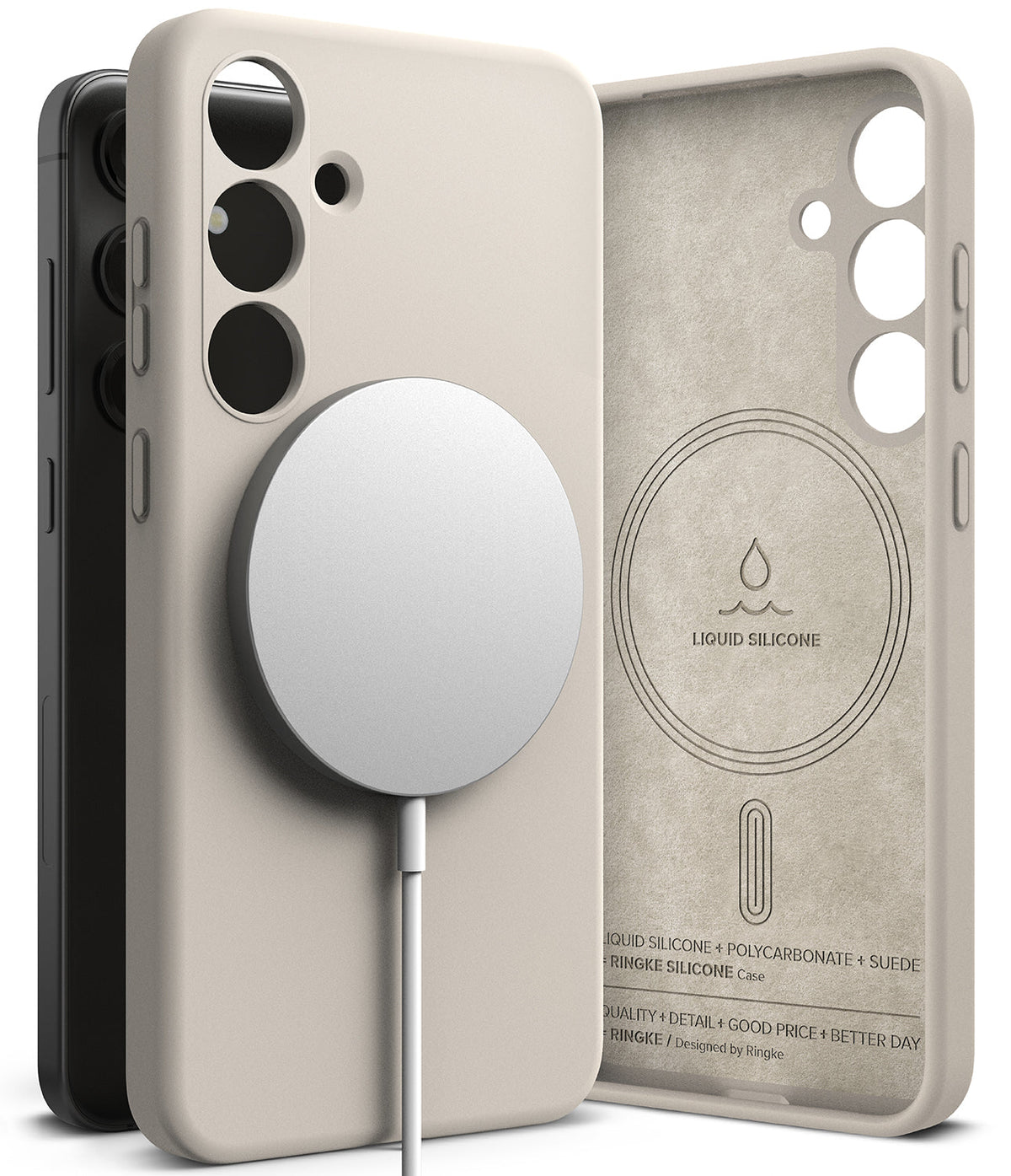 Galaxy S24 Case | Silicone Magnetic - Beige magnetic phone case with a charging puck and interior suede lining view.