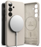 Galaxy S24 Case | Silicone Magnetic - Beige magnetic phone case with a charging puck and interior suede lining view.